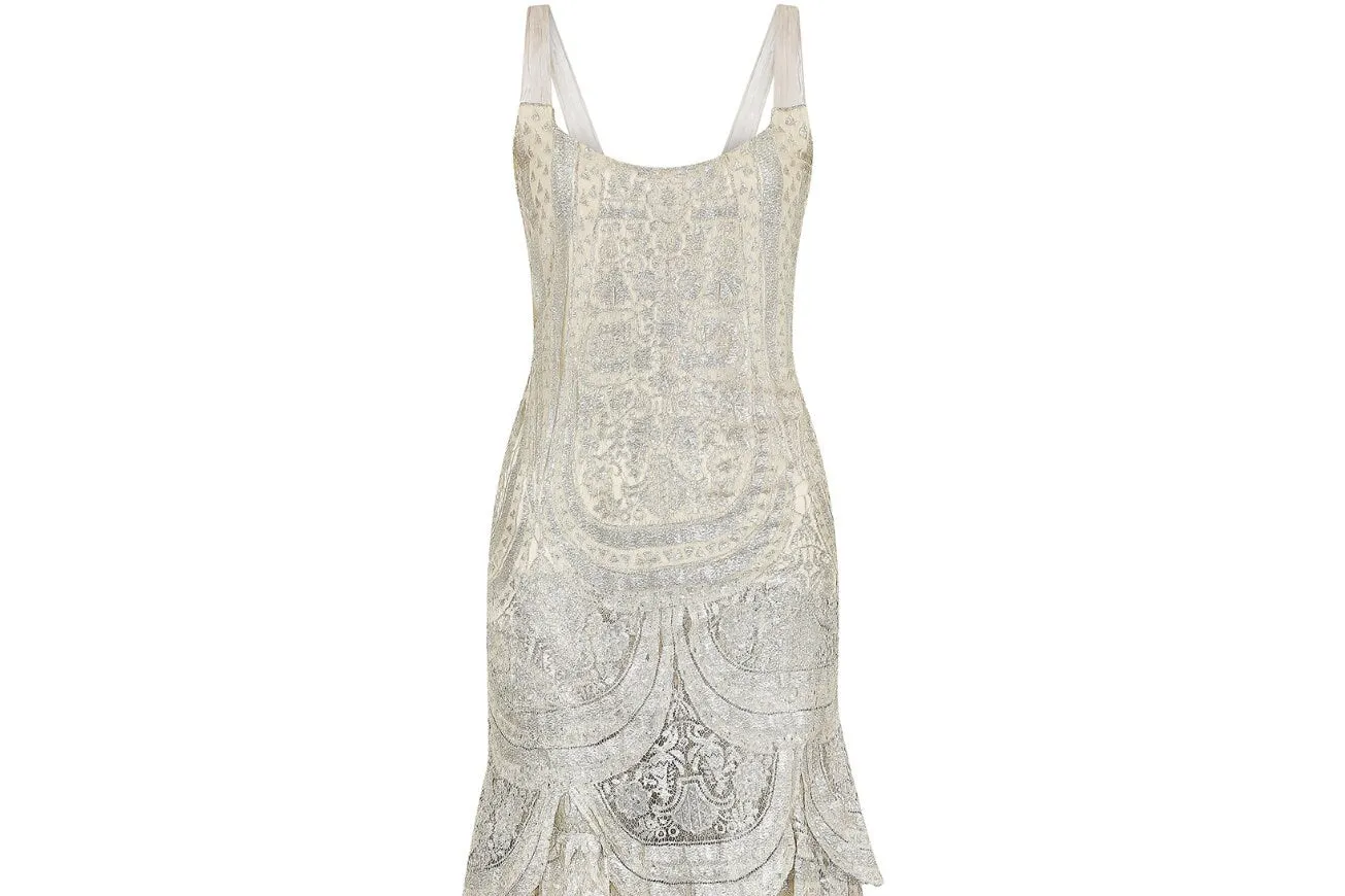 1920s Silver Cobweb Lame Flapper Culottes Dress