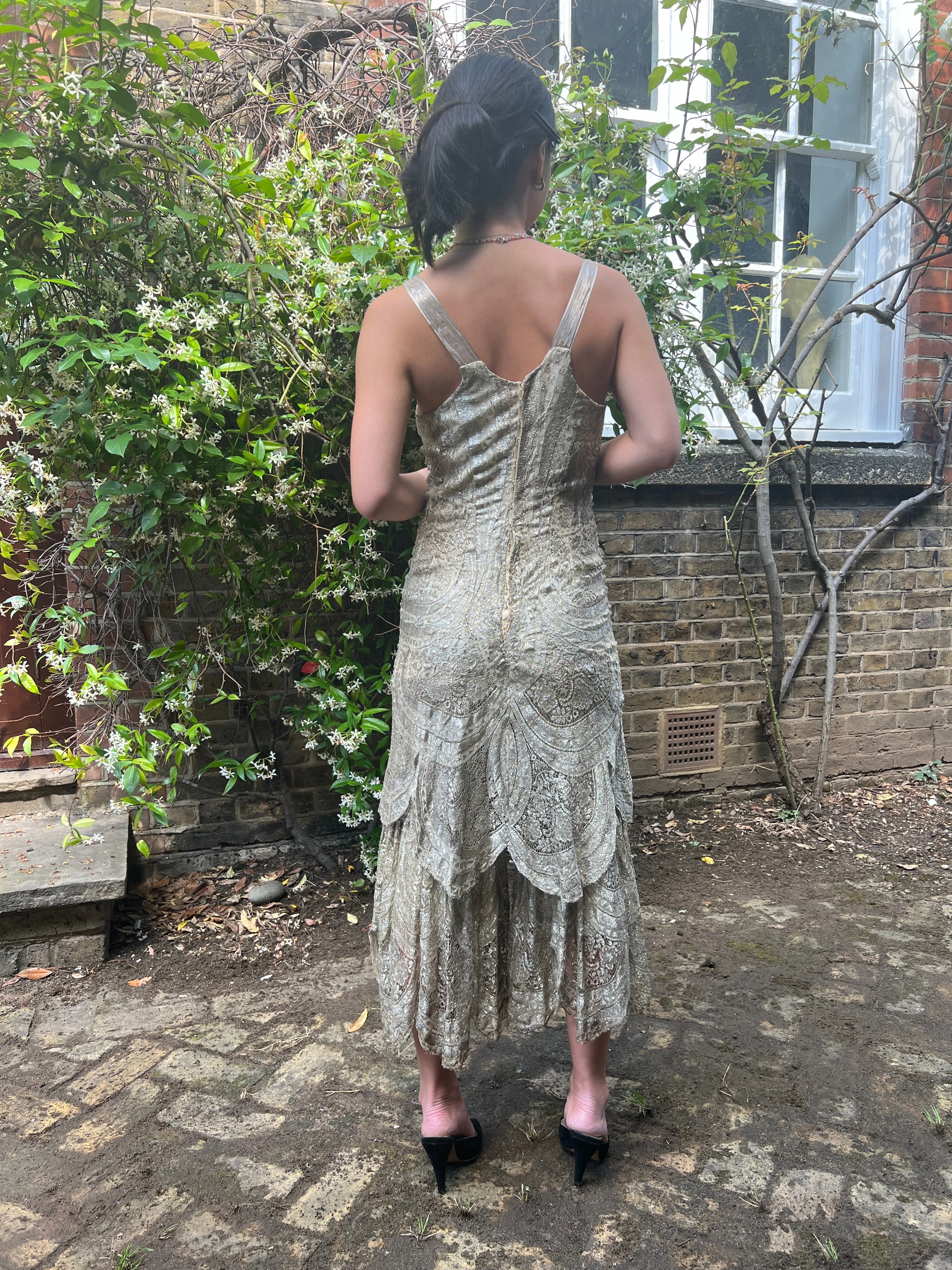 1920s Silver Cobweb Lame Flapper Culottes Dress