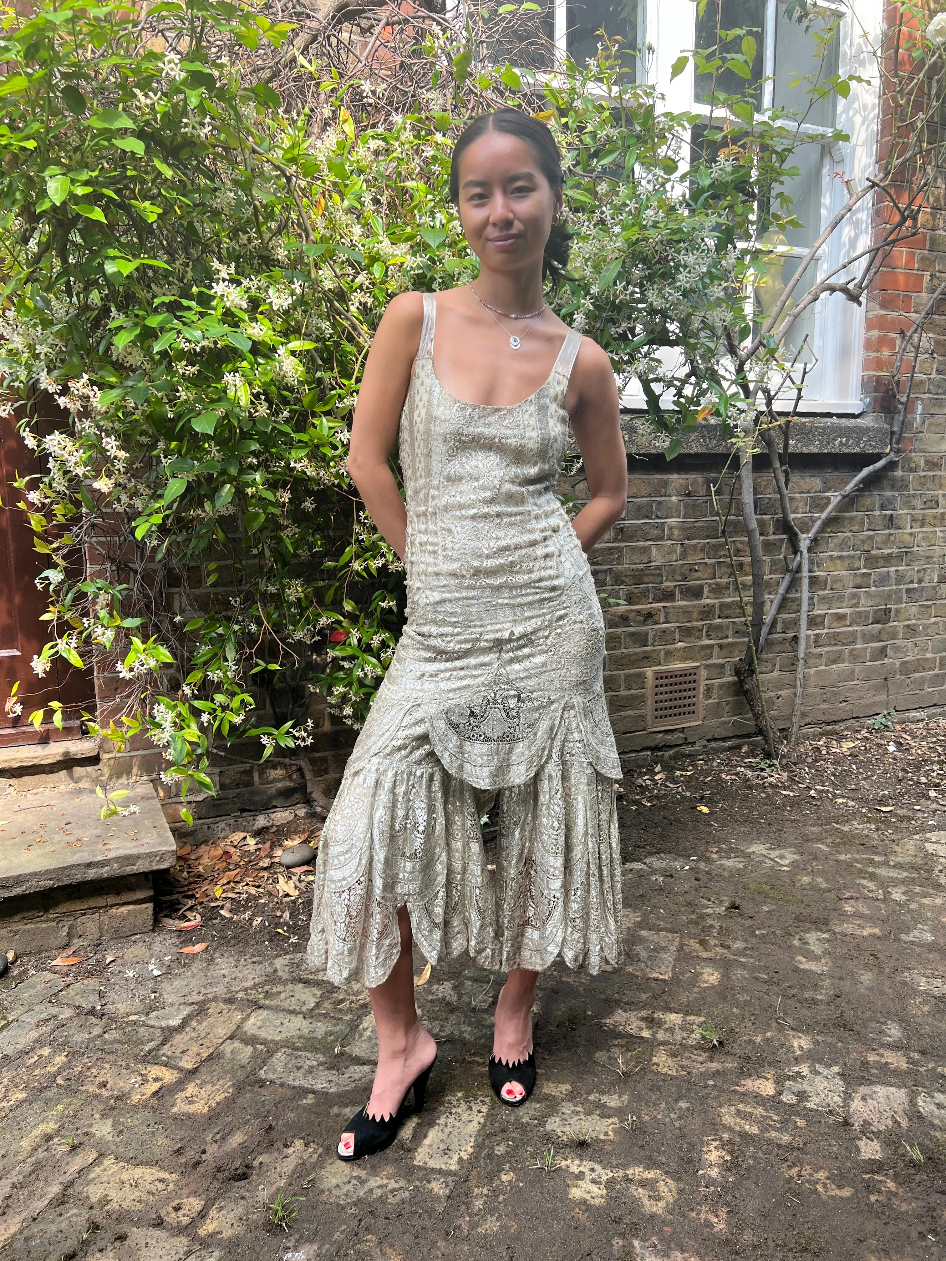 1920s Silver Cobweb Lame Flapper Culottes Dress