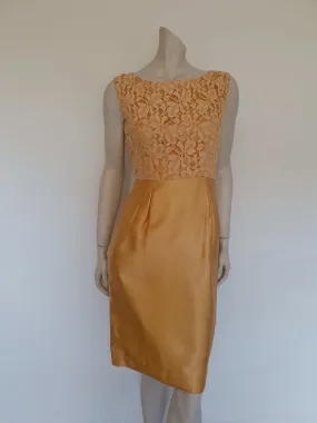 1960s Gold Satin and Lace Dress - Bust 86 cm