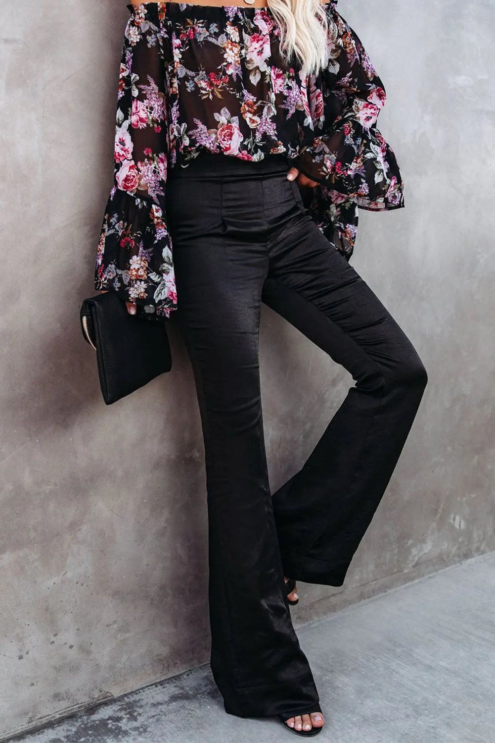 Black Satin Flare Casual Tailored Pant