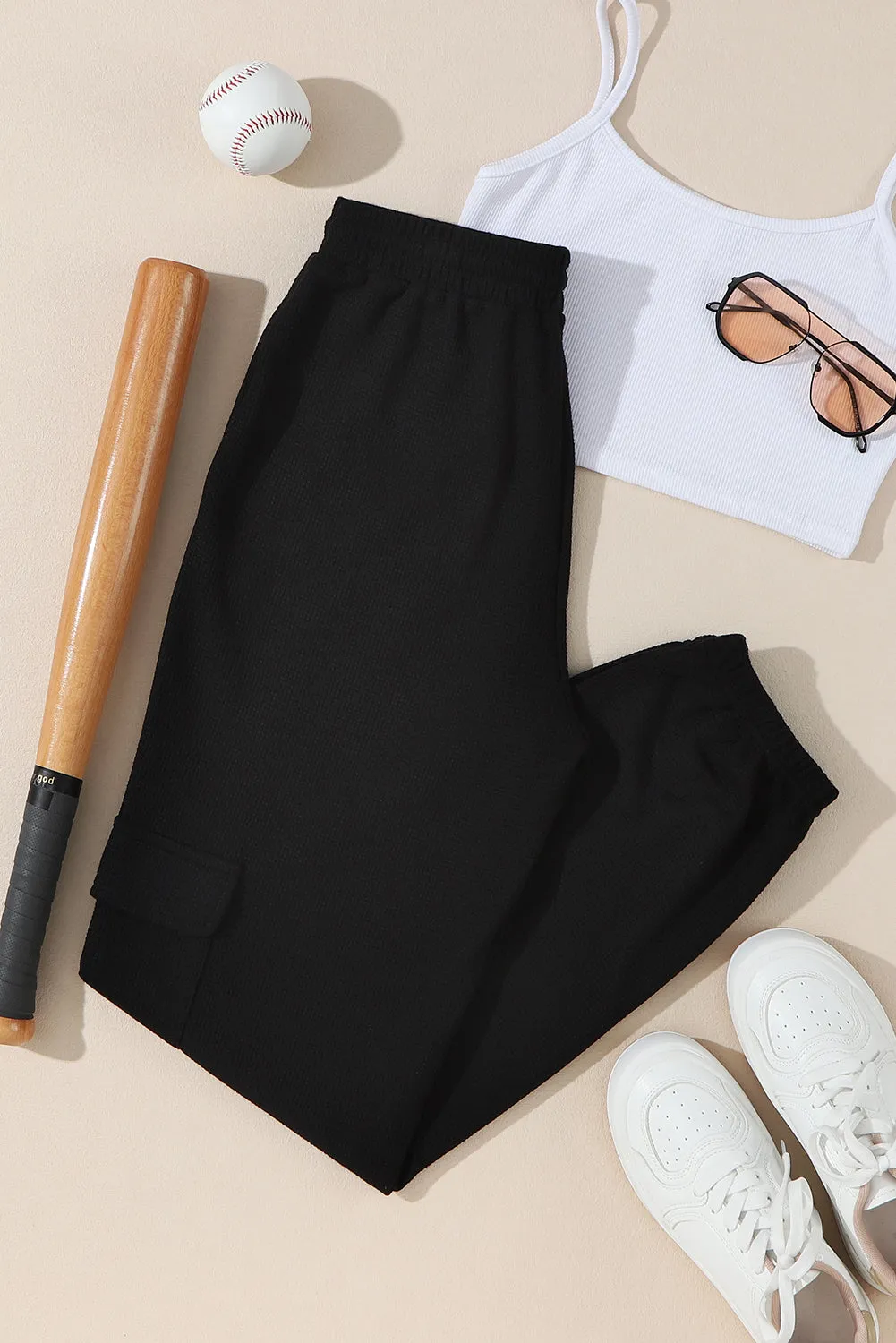 Black Waffle Texture Cargo Pocket Jogger Pant