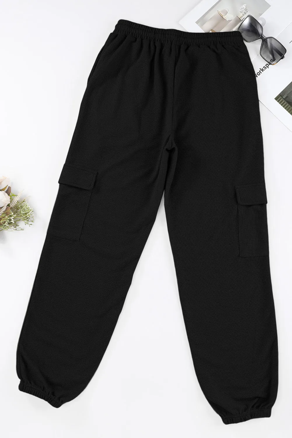 Black Waffle Texture Cargo Pocket Jogger Pant