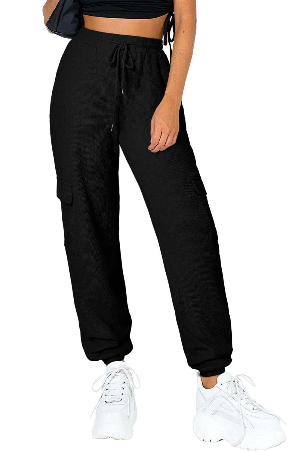 Black Waffle Texture Cargo Pocket Jogger Pant