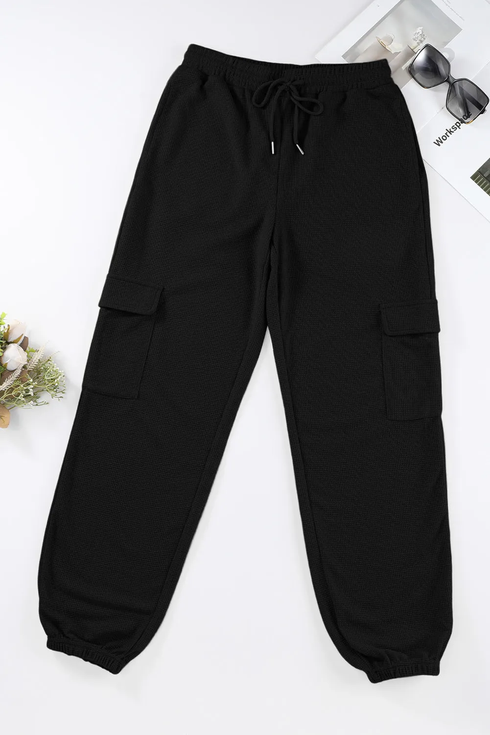 Black Waffle Texture Cargo Pocket Jogger Pant