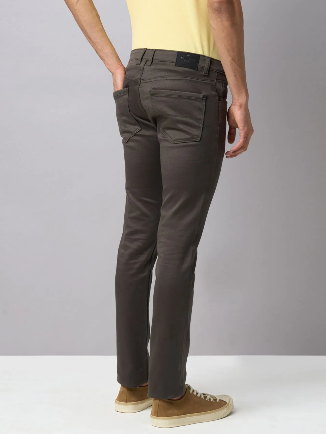 Cotton Stretch Brown Plain Narrow Fit Flat Front Casual Jeans