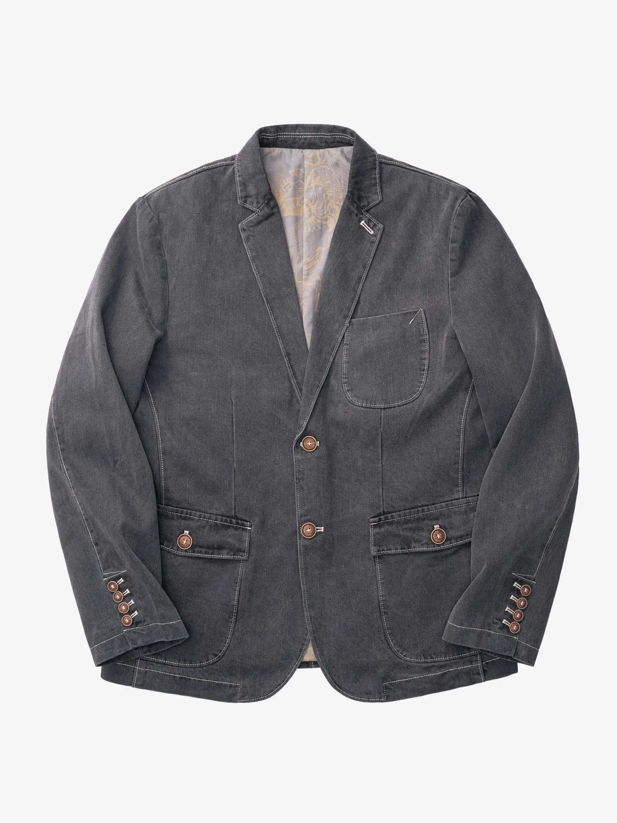 Floral-Lined Denim Blazer Jacket