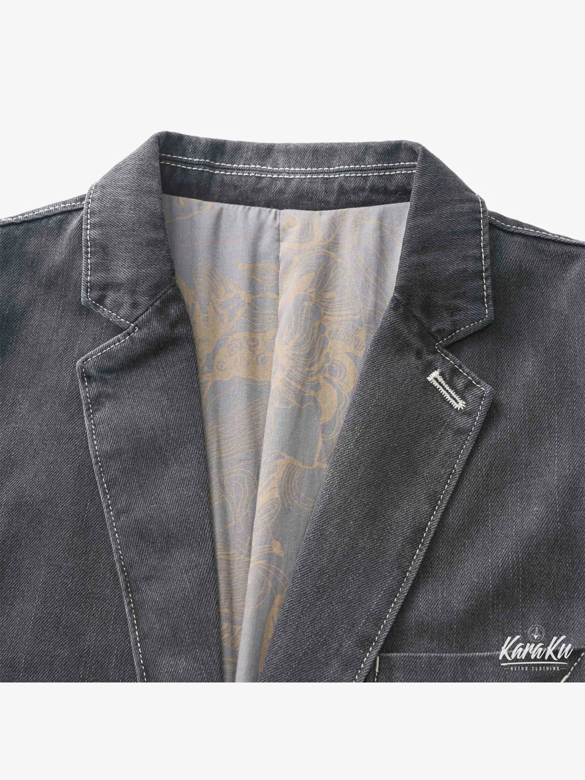 Floral-Lined Denim Blazer Jacket