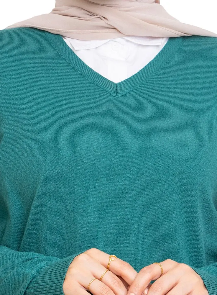 Green Olive V-Neck Knit Pullover