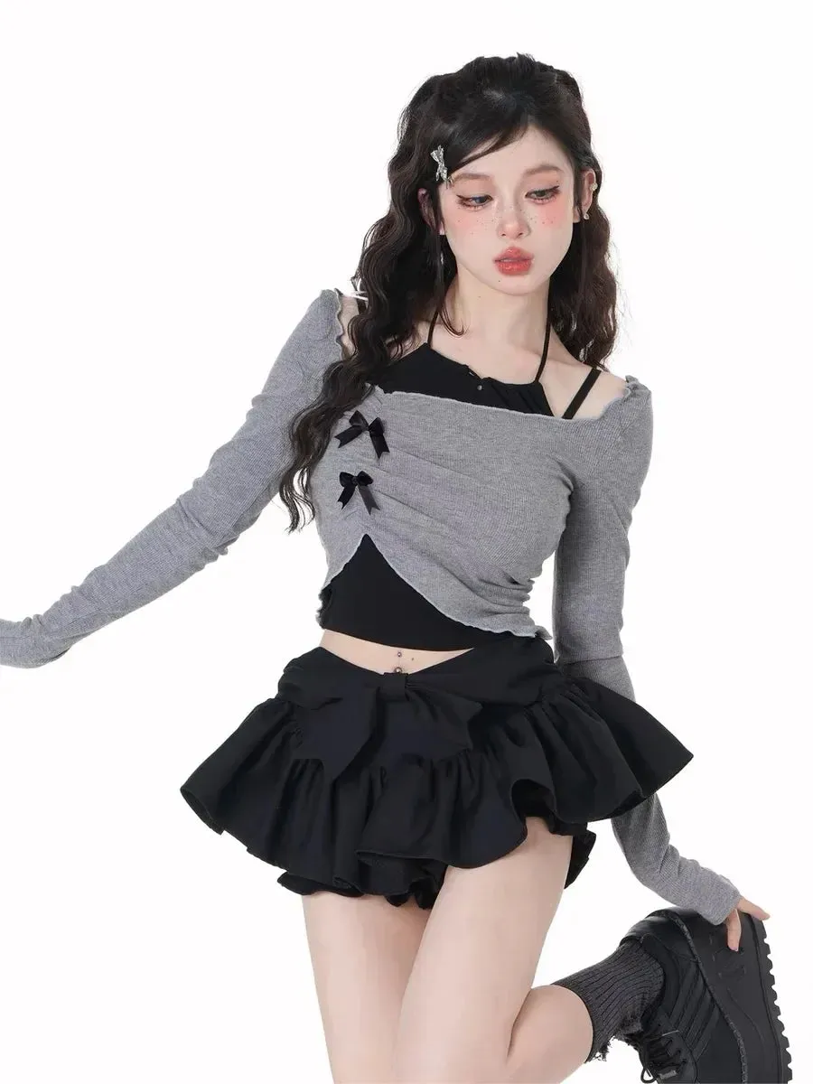 LVSANW Y2k Hot Girl Irregular T-shirt and Sling Top Slimming Suit Women's High Waist Short Culottes Three-Piece Suit Fashion Outfits
