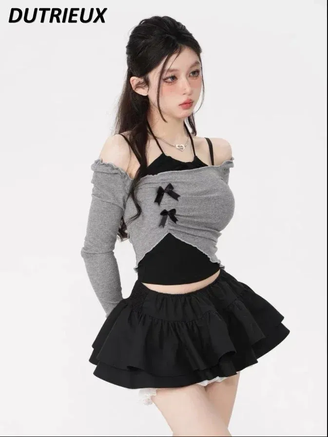 LVSANW Y2k Hot Girl Irregular T-shirt and Sling Top Slimming Suit Women's High Waist Short Culottes Three-Piece Suit Fashion Outfits