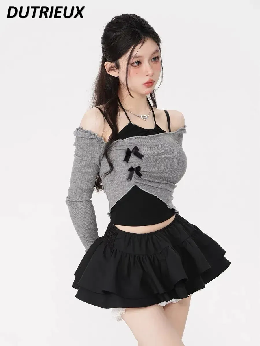 LVSANW Y2k Hot Girl Irregular T-shirt and Sling Top Slimming Suit Women's High Waist Short Culottes Three-Piece Suit Fashion Outfits