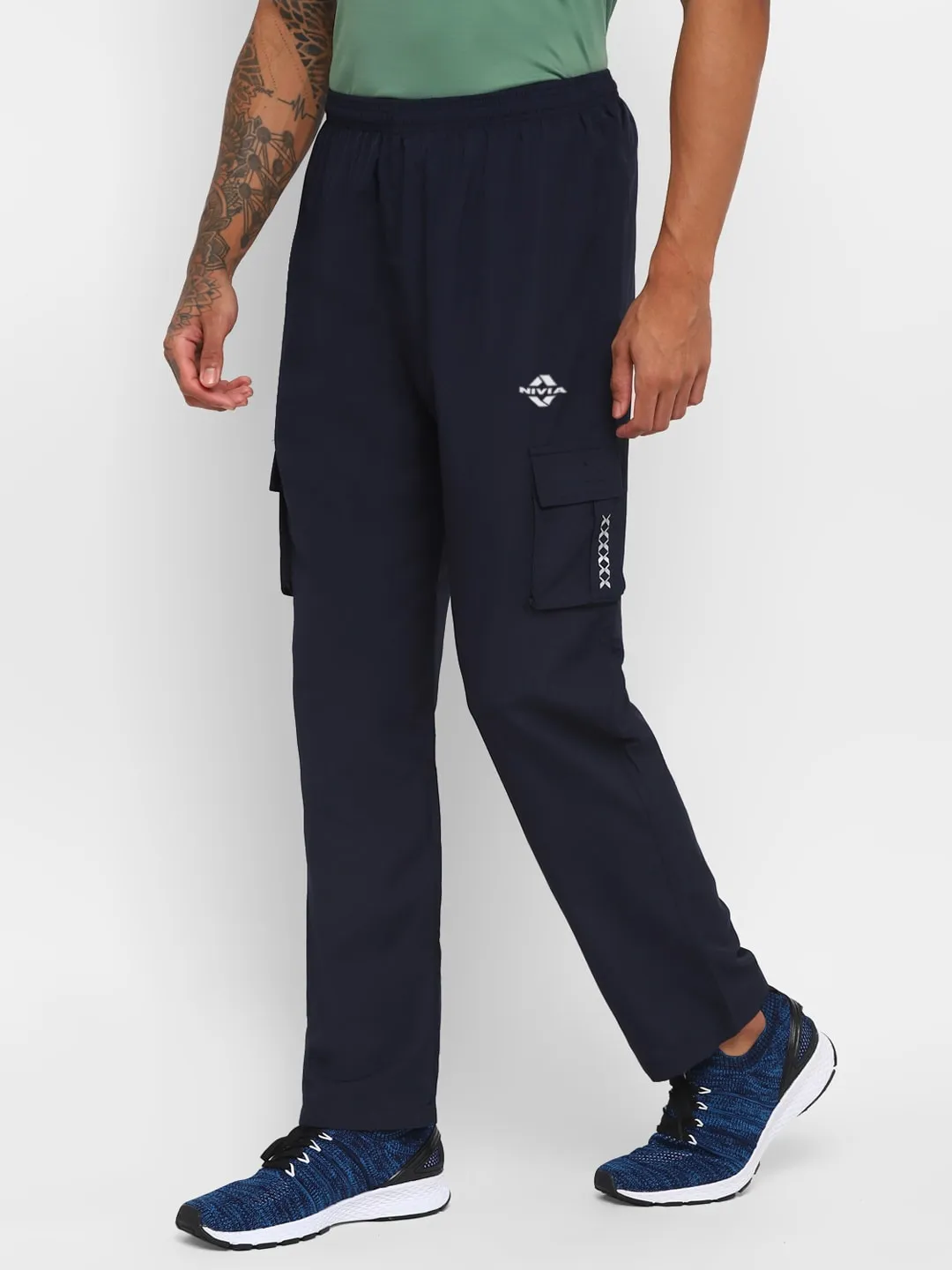 Nivia Cargo Pants for Men/Micro Chex Fabric trackpants with Velcro Pocket - Navy