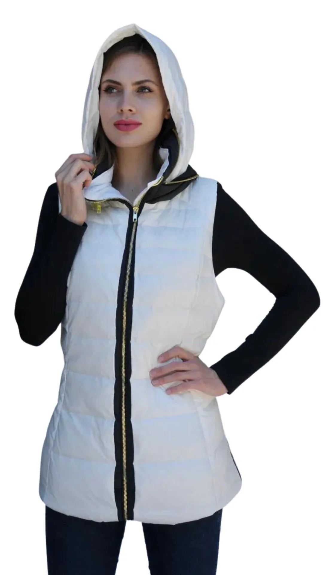 Vest Down Puffer With Hood And Side Zipper Vents Antique White Kara Women's
