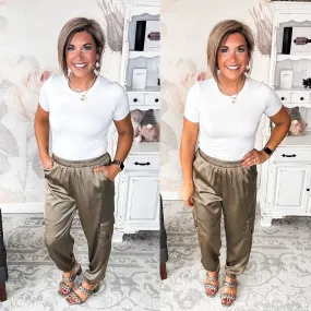 We've Been Waiting Satin Joggers - Olive