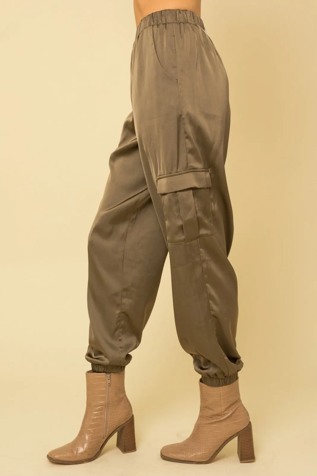We've Been Waiting Satin Joggers - Olive