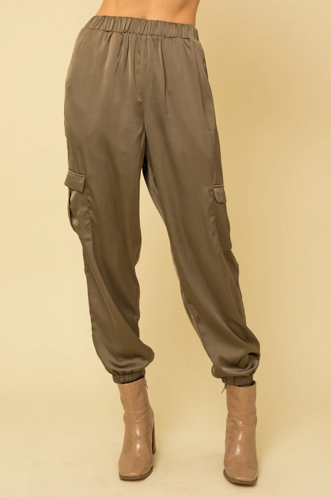 We've Been Waiting Satin Joggers - Olive