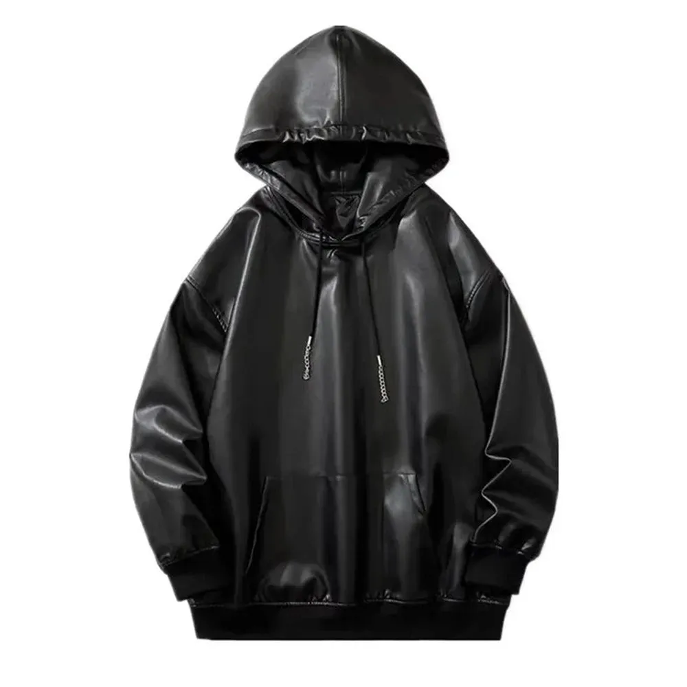 Wiaofellas  -  Mens American Biker Y2k Pu Leather Hoodie Genderless Essential Loose Solid Color Trendy Street Hip-Hop Sweatshirt Unisex